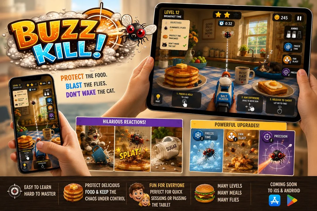 Buzz Kill promotional mockup with logo, gameplay shots, reactions, upgrades, and platform badges